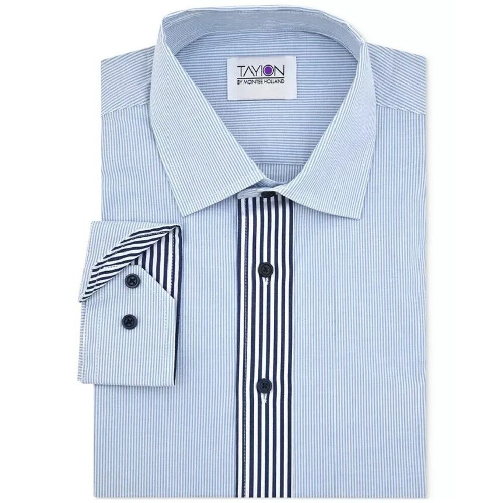 Tayion Collection Men's Slim-Fit Stripe-Placket Dress Shirt Blue L 16-16.5/32-33